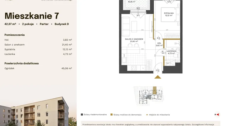 Rzut - Mieszkanie na sprzedaż 2 pokoje o powierzchni 42,07 m² - numer 7 w Stacja Błonie etap IV