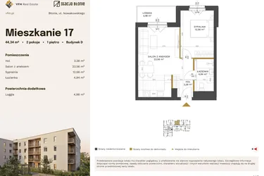 Rzut - Mieszkanie na sprzedaż 2 pokoje o powierzchni 44,34 m² - numer 17 w Stacja Błonie etap IV