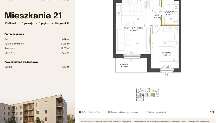 Rzut - Mieszkanie na sprzedaż 2 pokoje o powierzchni 42,08 m² - numer 21 w Stacja Błonie etap IV