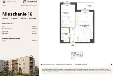 Rzut - Mieszkanie na sprzedaż 2 pokoje o powierzchni 44,4 m² - numer 16 w Stacja Błonie etap IV