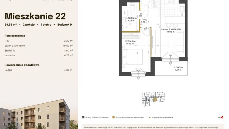 Rzut - Mieszkanie na sprzedaż 2 pokoje o powierzchni 39,65 m² - numer 22 w Stacja Błonie etap IV