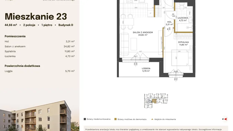 Rzut - Mieszkanie na sprzedaż 2 pokoje o powierzchni 44,66 m² - numer 23 w Stacja Błonie etap IV