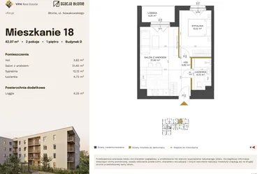 Rzut - Mieszkanie na sprzedaż 2 pokoje o powierzchni 42,07 m² - numer 18 w Stacja Błonie etap IV