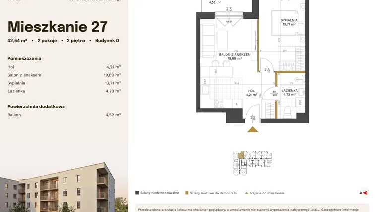 Rzut - Mieszkanie na sprzedaż 2 pokoje o powierzchni 42,54 m² - numer 27 w Stacja Błonie etap IV