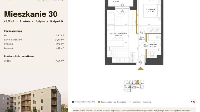 Rzut - Mieszkanie na sprzedaż 2 pokoje o powierzchni 42,07 m² - numer 30 w Stacja Błonie etap IV