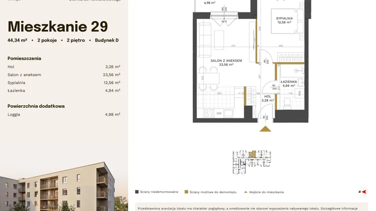 Rzut - Mieszkanie na sprzedaż 2 pokoje o powierzchni 44,34 m² - numer 29 w Stacja Błonie etap IV