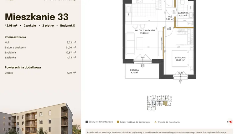 Rzut - Mieszkanie na sprzedaż 2 pokoje o powierzchni 42,08 m² - numer 33 w Stacja Błonie etap IV
