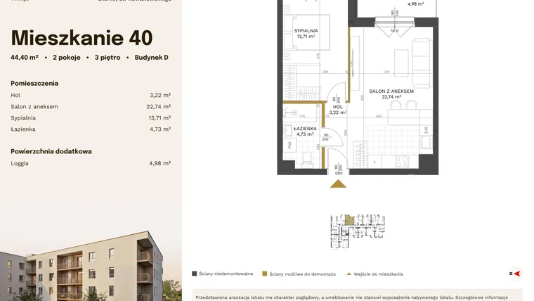 Rzut - Mieszkanie na sprzedaż 2 pokoje o powierzchni 44,4 m² - numer 40 w Stacja Błonie etap IV