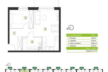 Rzut - Mieszkanie na sprzedaż 2 pokoje o powierzchni 44,25 m² - numer 8A03 w Osiedle Krzeptów przy Lesie VIII