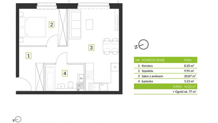 Rzut - Mieszkanie na sprzedaż 2 pokoje o powierzchni 44,25 m² - numer 8A03 w Osiedle Krzeptów przy Lesie VIII