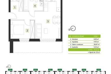 Rzut - Mieszkanie na sprzedaż 2 pokoje o powierzchni 44,25 m² - numer 8A04 w Osiedle Krzeptów przy Lesie VIII