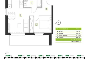 Rzut - Mieszkanie na sprzedaż 2 pokoje o powierzchni 42,36 m² - numer 8A05 w Osiedle Krzeptów przy Lesie VIII