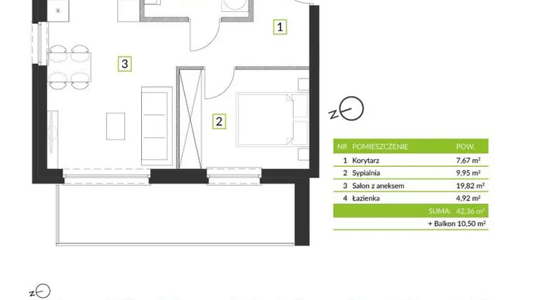 Rzut - Mieszkanie na sprzedaż 2 pokoje o powierzchni 42,36 m² - numer 8A05 w Osiedle Krzeptów przy Lesie VIII