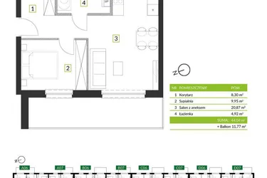 Rzut - Mieszkanie na sprzedaż 2 pokoje o powierzchni 44,04 m² - numer 8A08 w Osiedle Krzeptów przy Lesie VIII