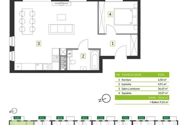 Rzut - Mieszkanie na sprzedaż 2 pokoje o powierzchni 58,11 m² - numer 8A10 w Osiedle Krzeptów przy Lesie VIII