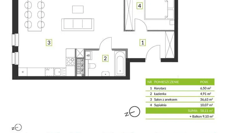 Rzut - Mieszkanie na sprzedaż 2 pokoje o powierzchni 58,11 m² - numer 8A10 w Osiedle Krzeptów przy Lesie VIII