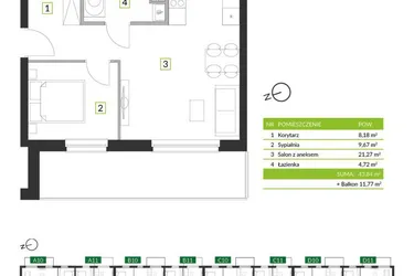 Rzut - Mieszkanie na sprzedaż 2 pokoje o powierzchni 43,84 m² - numer 8A12 w Osiedle Krzeptów przy Lesie VIII