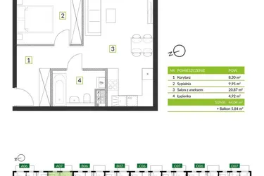 Rzut - Mieszkanie na sprzedaż 2 pokoje o powierzchni 44,04 m² - numer 8A07 w Osiedle Krzeptów przy Lesie VIII