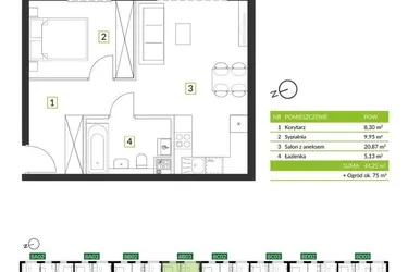 Rzut - Mieszkanie na sprzedaż 2 pokoje o powierzchni 44,25 m² - numer 8B03 w Osiedle Krzeptów przy Lesie VIII