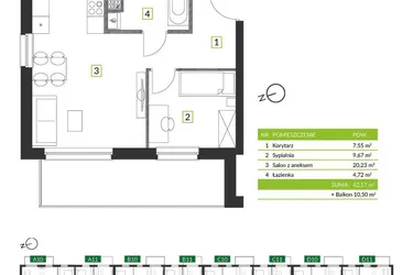 Rzut - Mieszkanie na sprzedaż 2 pokoje o powierzchni 42,71 m² - numer 8A09 w Osiedle Krzeptów przy Lesie VIII