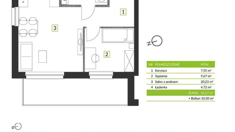 Rzut - Mieszkanie na sprzedaż 2 pokoje o powierzchni 42,71 m² - numer 8A09 w Osiedle Krzeptów przy Lesie VIII