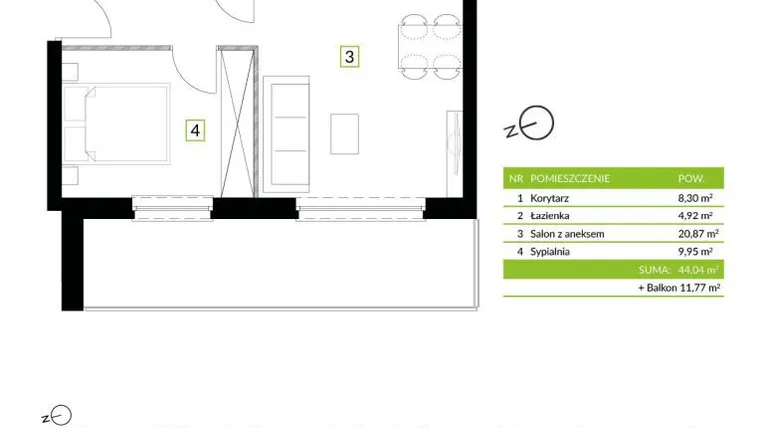Rzut - Mieszkanie na sprzedaż 2 pokoje o powierzchni 44,04 m² - numer 8B08 w Osiedle Krzeptów przy Lesie VIII