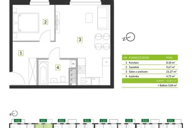 Rzut - Mieszkanie na sprzedaż 2 pokoje o powierzchni 43,84 m² - numer 8A11 w Osiedle Krzeptów przy Lesie VIII