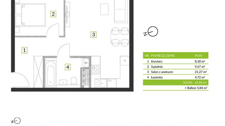 Rzut - Mieszkanie na sprzedaż 2 pokoje o powierzchni 43,84 m² - numer 8A11 w Osiedle Krzeptów przy Lesie VIII