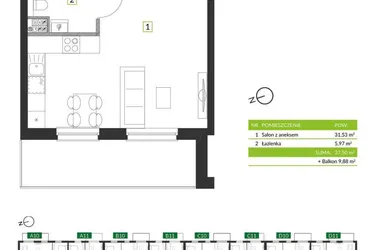 Rzut - Mieszkanie na sprzedaż 1 pokój o powierzchni 37,5 m² - numer 8B09 w Osiedle Krzeptów przy Lesie VIII