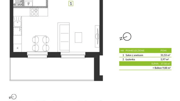Rzut - Mieszkanie na sprzedaż 1 pokój o powierzchni 37,5 m² - numer 8B09 w Osiedle Krzeptów przy Lesie VIII