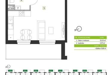 Rzut - Mieszkanie na sprzedaż 1 pokój o powierzchni 37,5 m² - numer 8D09 w Osiedle Krzeptów przy Lesie VIII