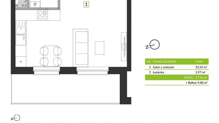 Rzut - Mieszkanie na sprzedaż 1 pokój o powierzchni 37,5 m² - numer 8D09 w Osiedle Krzeptów przy Lesie VIII