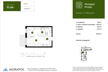 Rzut - Mieszkanie na sprzedaż 2 pokoje o powierzchni 35,06 m² - numer 5.A.0.02 w Murapol Prado etap II