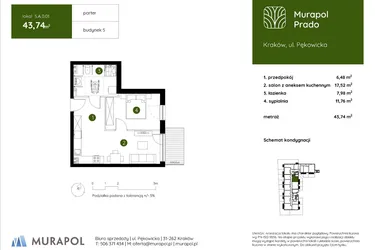 Rzut - Mieszkanie na sprzedaż 2 pokoje o powierzchni 43,74 m² - numer 5.A.0.01 w Murapol Prado etap II
