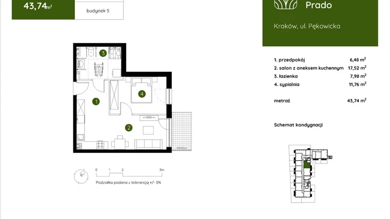 Rzut - Mieszkanie na sprzedaż 2 pokoje o powierzchni 43,74 m² - numer 5.A.0.01 w Murapol Prado etap II