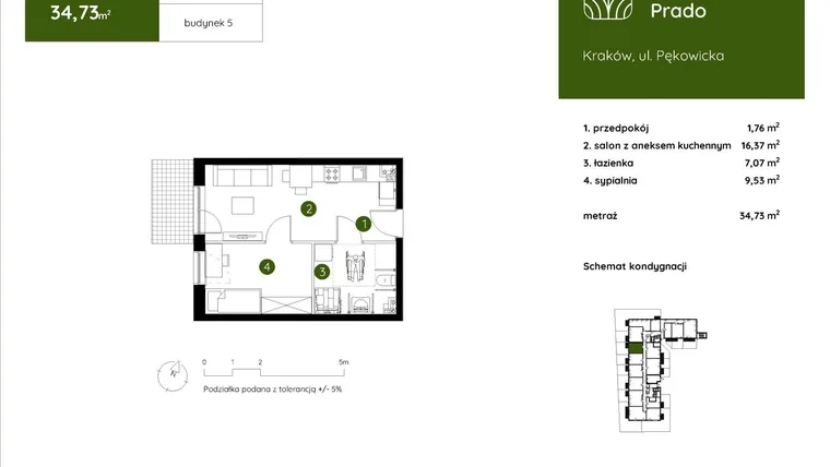 Rzut - Mieszkanie na sprzedaż 2 pokoje o powierzchni 34,73 m² - numer 5.A.0.03 w Murapol Prado etap II