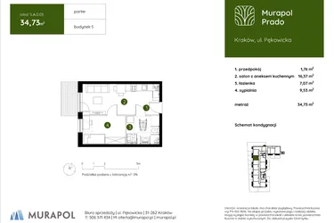 Rzut - Mieszkanie na sprzedaż 2 pokoje o powierzchni 34,73 m² - numer 5.A.0.03 w Murapol Prado etap II
