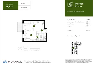 Rzut - Mieszkanie na sprzedaż 2 pokoje o powierzchni 39,92 m² - numer 5.B.0.06 w Murapol Prado etap II