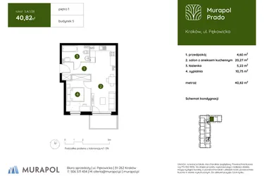 Rzut - Mieszkanie na sprzedaż 2 pokoje o powierzchni 40,82 m² - numer 5.A.1.08 w Murapol Prado etap II