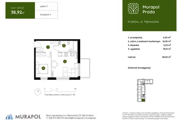 Rzut - Mieszkanie na sprzedaż 2 pokoje o powierzchni 38,92 m² - numer 5.B.1.02 w Murapol Prado etap II