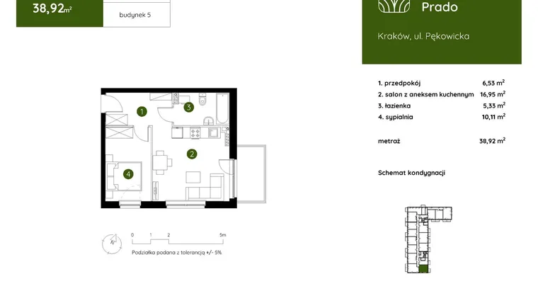 Rzut - Mieszkanie na sprzedaż 2 pokoje o powierzchni 38,92 m² - numer 5.B.1.02 w Murapol Prado etap II