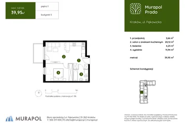 Rzut - Mieszkanie na sprzedaż 2 pokoje o powierzchni 39,95 m² - numer 5.B.1.06 w Murapol Prado etap II