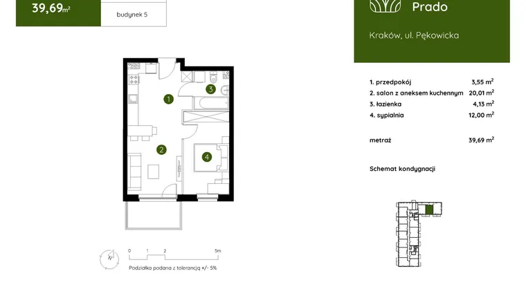 Rzut - Mieszkanie na sprzedaż 2 pokoje o powierzchni 39,69 m² - numer 5.A.1.07 w Murapol Prado etap II