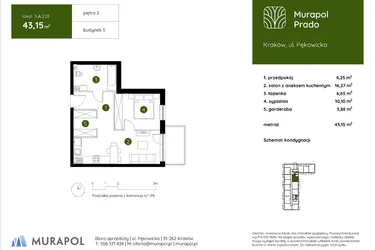 Rzut - Mieszkanie na sprzedaż 2 pokoje o powierzchni 43,15 m² - numer 5.A.2.01 w Murapol Prado etap II