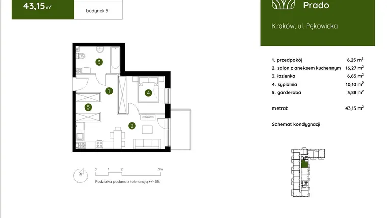 Rzut - Mieszkanie na sprzedaż 2 pokoje o powierzchni 43,15 m² - numer 5.A.2.01 w Murapol Prado etap II