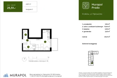 Rzut - Mieszkanie na sprzedaż 1 pokój o powierzchni 25,51 m² - numer 5.B.2.01 w Murapol Prado etap II