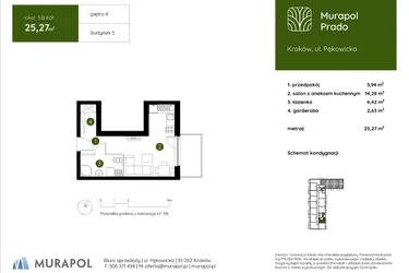 Rzut - Mieszkanie na sprzedaż 1 pokój o powierzchni 25,27 m² - numer 5.B.4.01 w Murapol Prado etap II