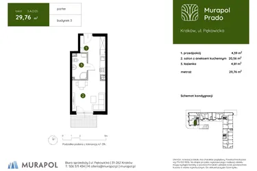 Rzut - Mieszkanie na sprzedaż 1 pokój o powierzchni 29,76 m² - numer 3.A.0.05 w Murapol Prado etap II