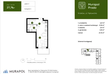 Rzut - Mieszkanie na sprzedaż 1 pokój o powierzchni 27,76 m² - numer 3.A.1.03 w Murapol Prado etap II