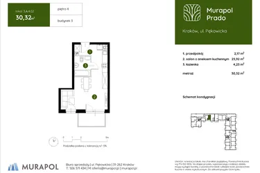 Rzut - Mieszkanie na sprzedaż 1 pokój o powierzchni 30,32 m² - numer 3.A.4.02 w Murapol Prado etap II
